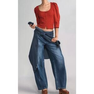 Anthropologie Red Smocked Cardigan Top Button Blouse Tagged XL Fits Like M / L